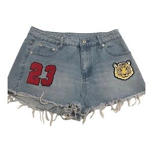 Varsity Frayed‎ hem collegiate embroidered patch cut off jeans shorts size 9 new